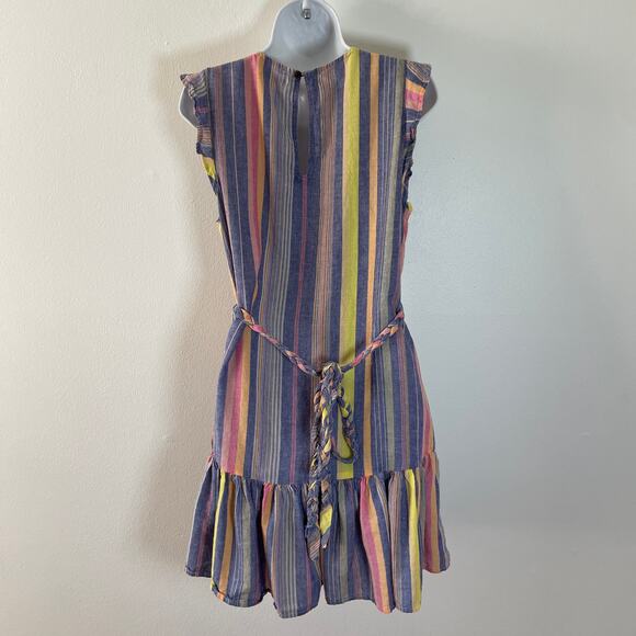 Marine Layer Laney Dress Womens Large Blue Stripe Linen Tencel Coastal Ruffle - Picture 2 of 9